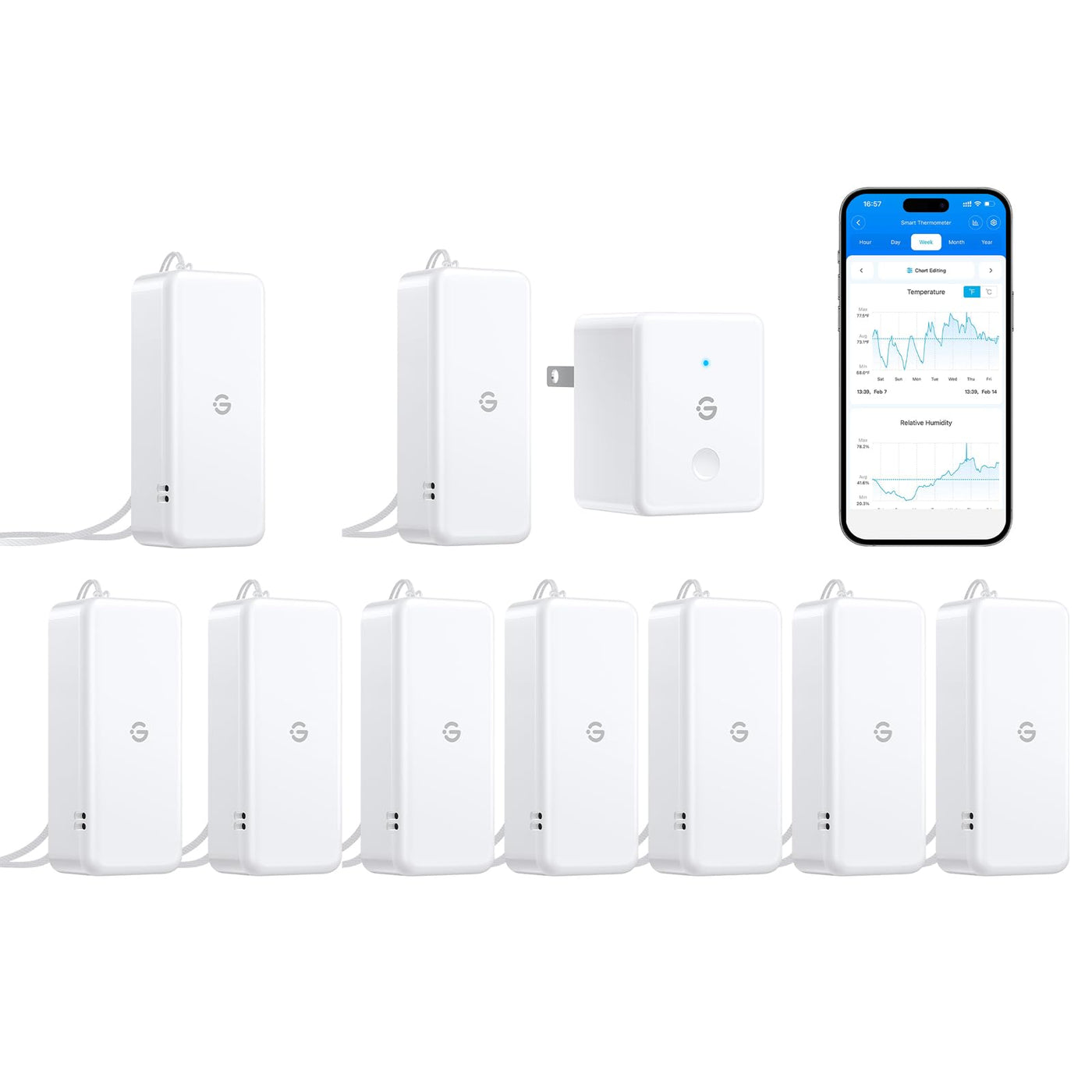 Smart WiFi Temperature & Humidity Sensor Bundle – Wireless Hygrometer Monitor with App Alerts, Data Logging, Multi-Room Coverage (9-Pack)