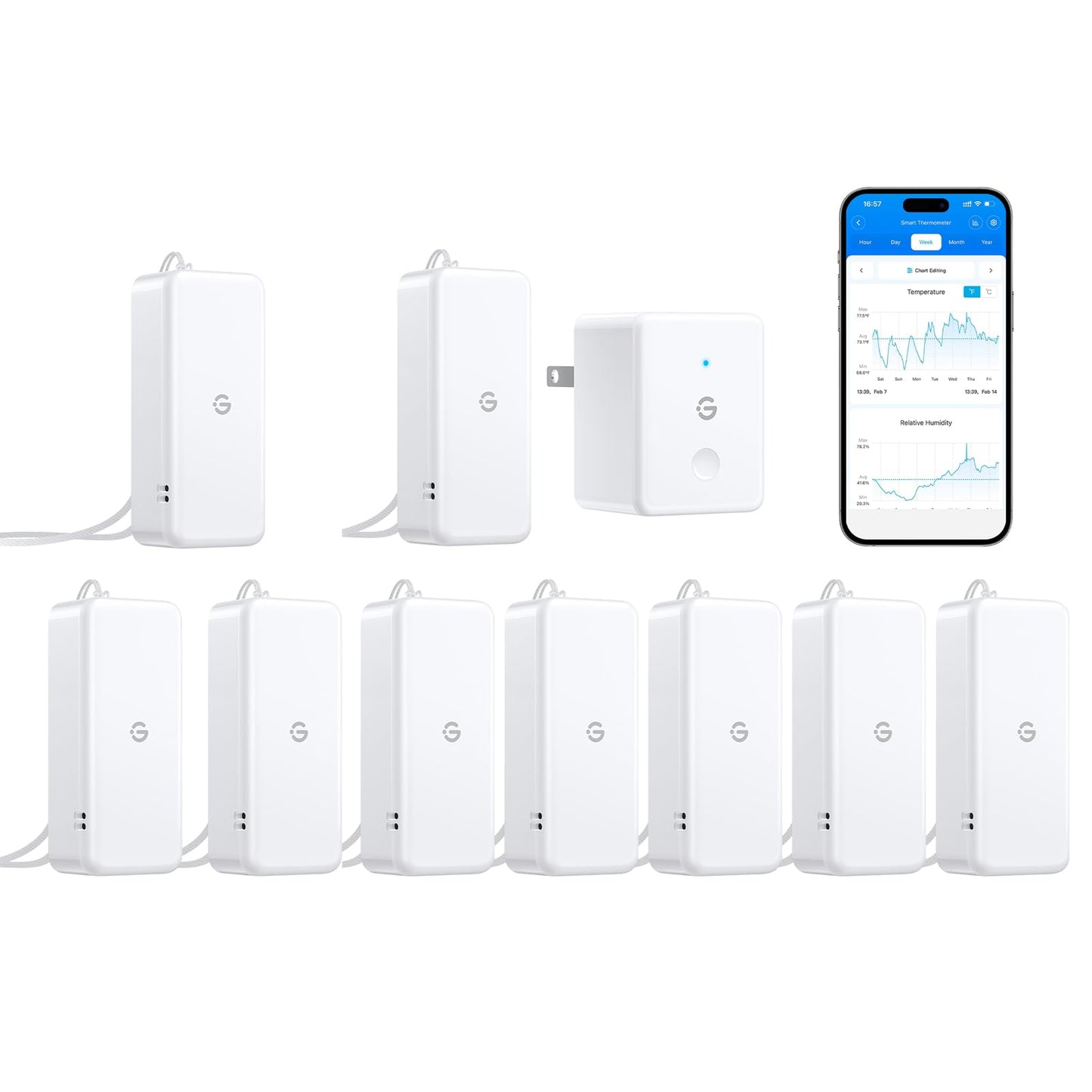 Smart WiFi Temperature & Humidity Sensor Bundle – Wireless Hygrometer Monitor with App Alerts, Data Logging, Multi-Room Coverage (9-Pack)