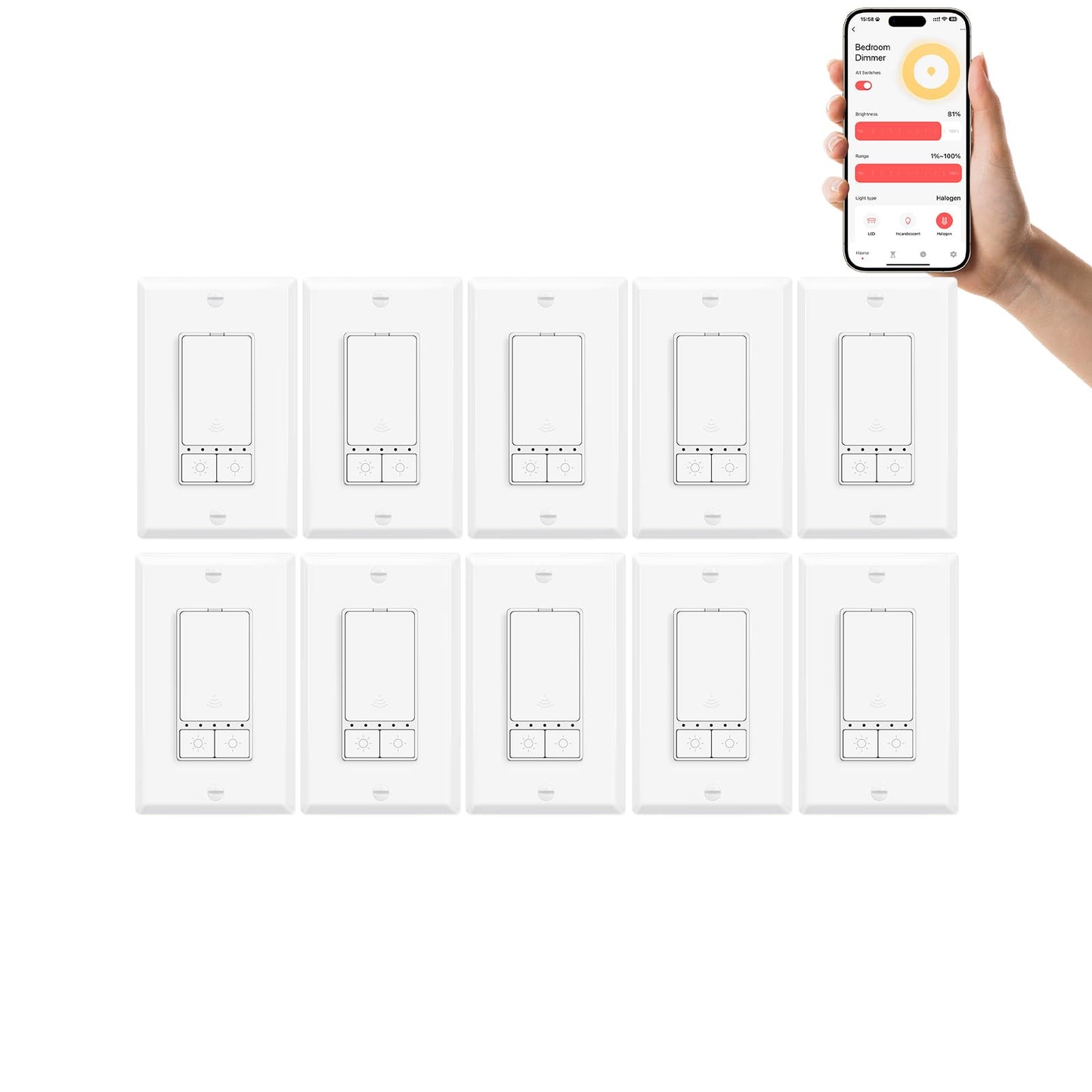 Smart WiFi Dimmer Light Switch – Single Pole 10-Pack, Alexa & Google Compatible, No Hub Required