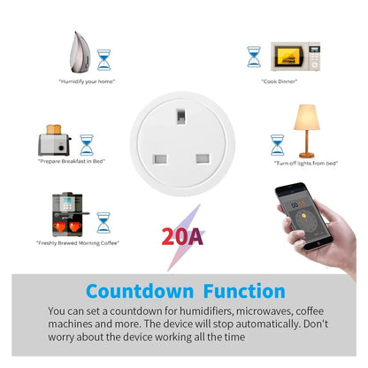 WiFi Smart UK Power Socket – 20A Energy Monitoring Outlet, Voice Control & Timer Function, 4-Pack