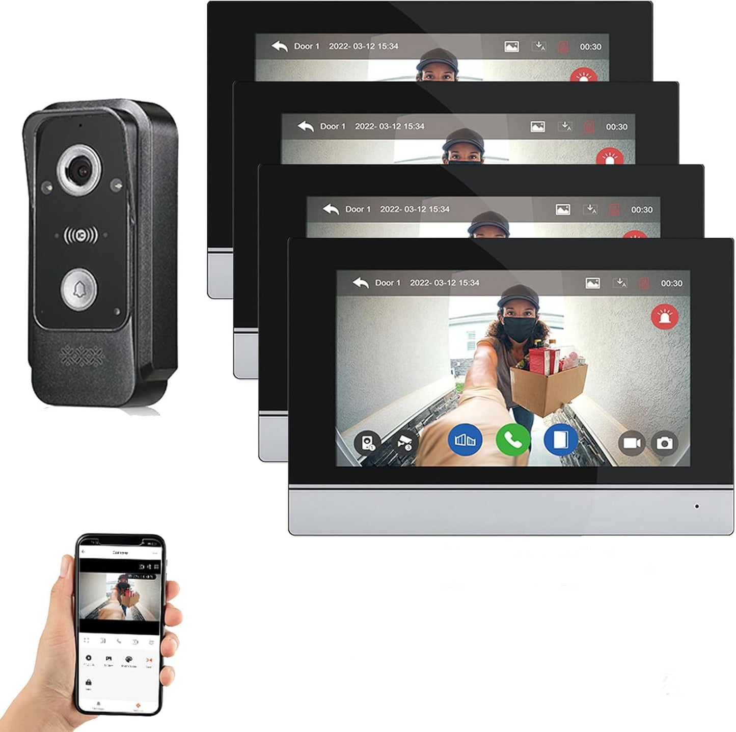 7” WiFi Video Intercom Doorbell System with 1080P Camera – 1 Doorbell + 4 Monitors, Smart App Control