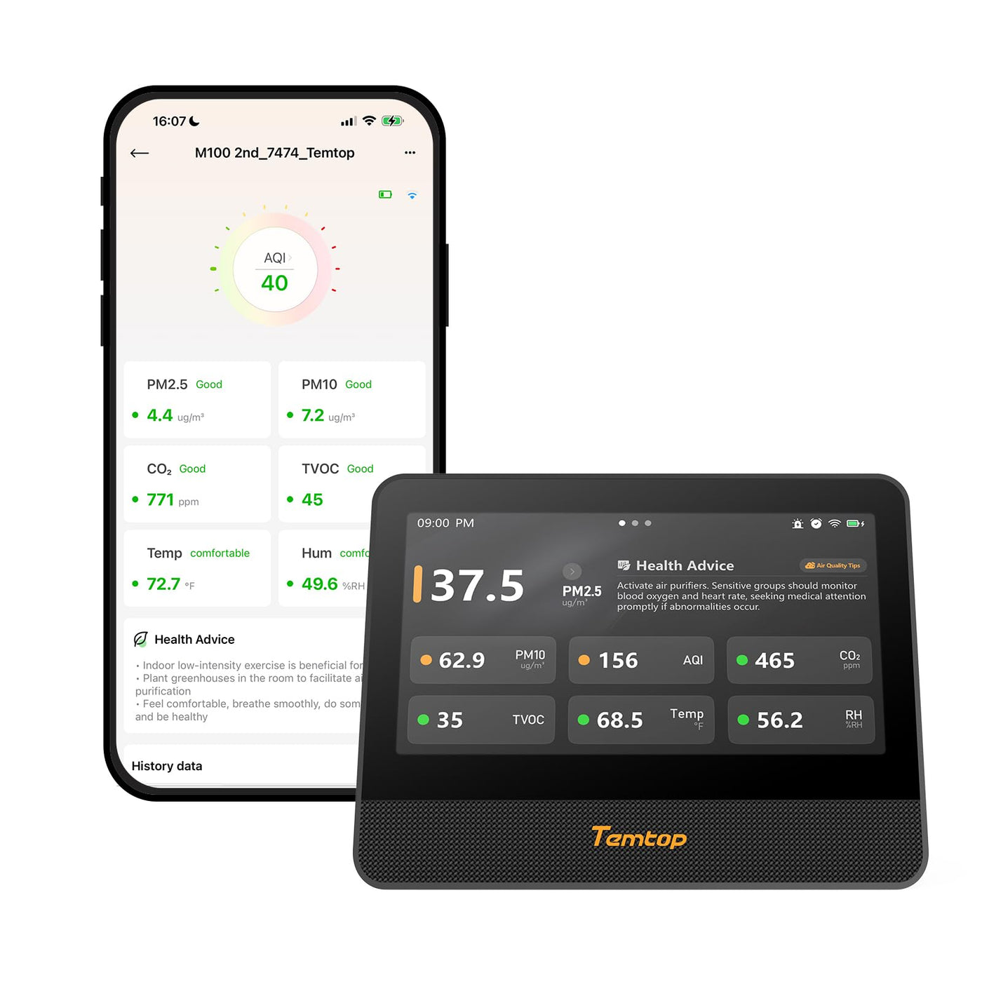 WiFi Air Quality Monitor with CO2, PM2.5, PM10, TVOC, Temperature & Humidity Sensor – Smart Home Air Analyzer with Touchscreen Display & LoRa Support