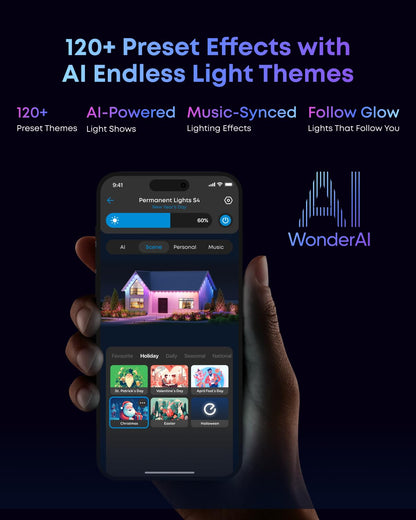 Smart Permanent Outdoor RGBWW LED String Lights – 200ft AI Theme Lighting, Radar-Activated, Matter Compatible, IP67 Waterproof