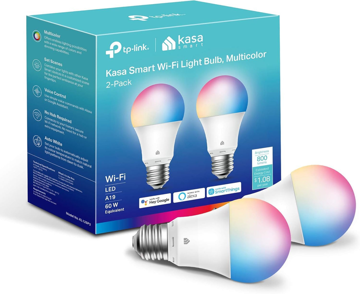 WiFi Smart RGB LED Bulbs A19 – 60W Equivalent, 800LM, Dimmable, Alexa & Google Compatible, 2-Pack
