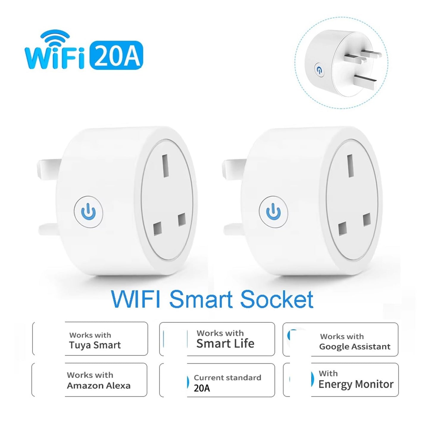 WiFi Smart UK Power Socket – 20A Energy Monitoring Outlet, Voice Control & Timer Function, 4-Pack