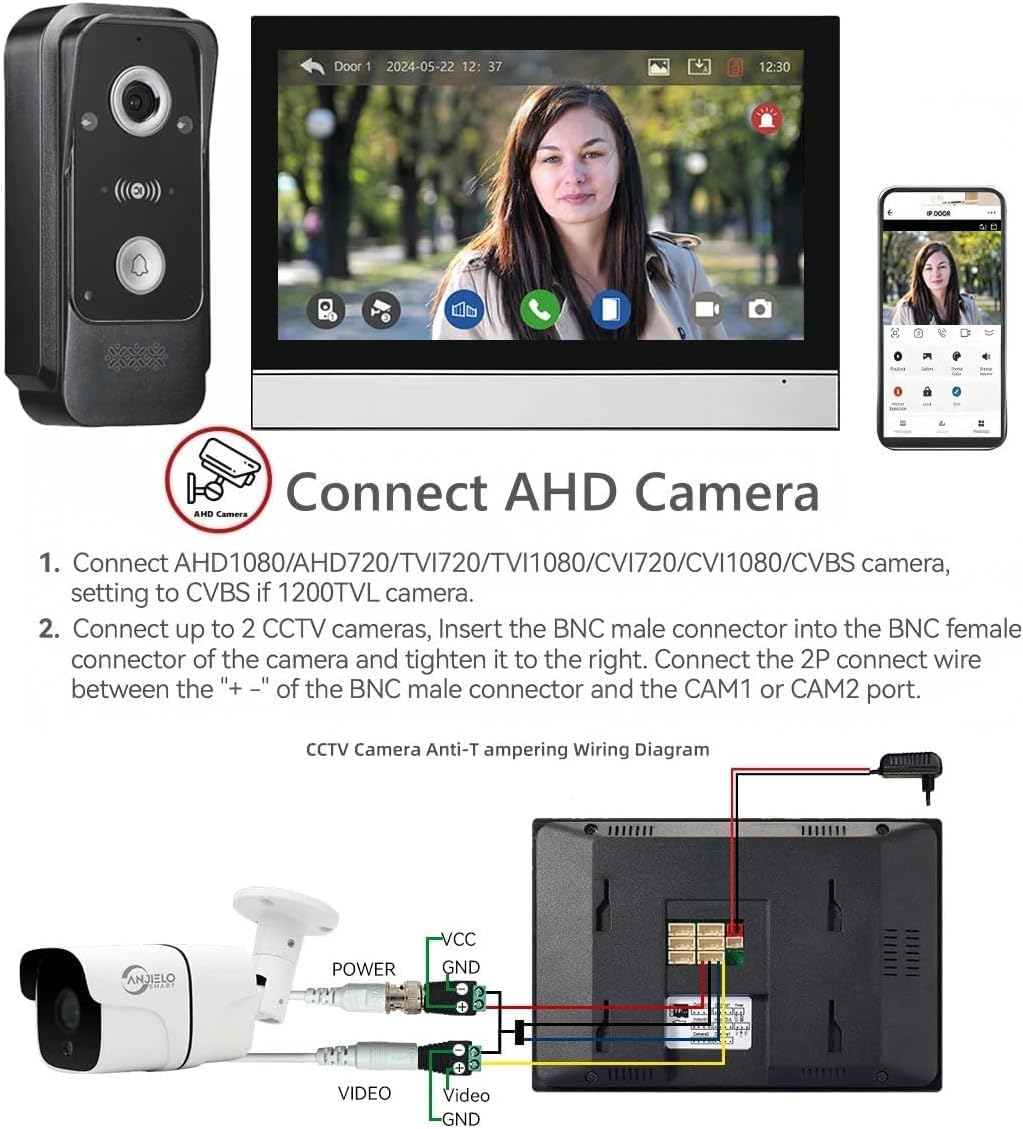 7” WiFi Video Intercom Doorbell System with 1080P Camera – 1 Doorbell + 4 Monitors, Smart App Control