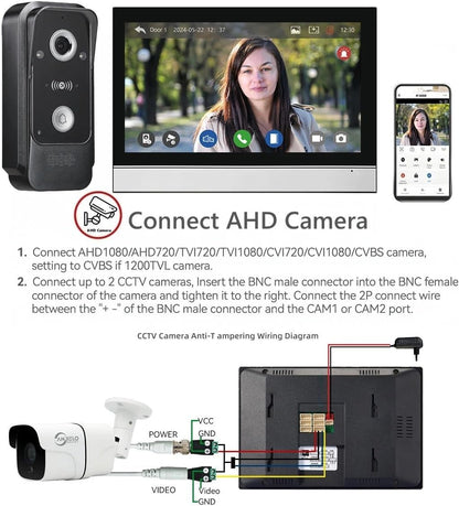 7” WiFi Video Intercom Doorbell System with 1080P Camera – 1 Doorbell + 4 Monitors, Smart App Control