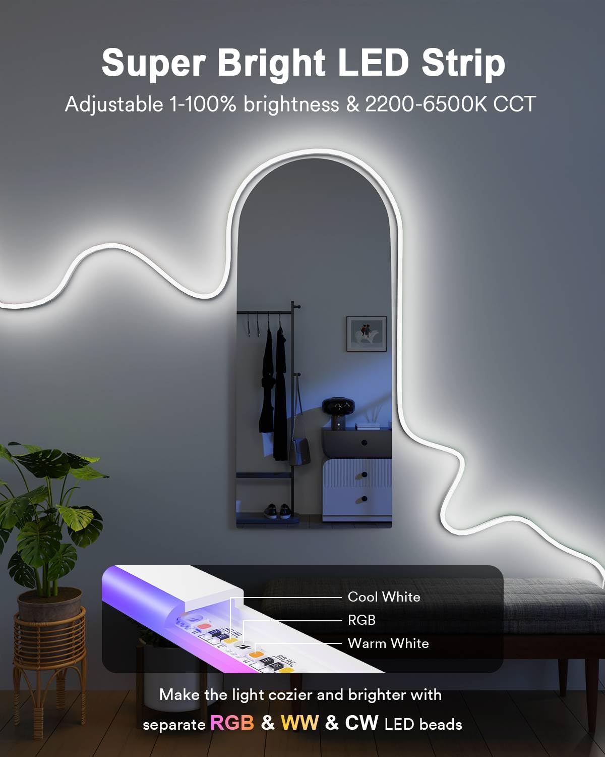 Smart RGBICW Neon Rope Light – 16.4ft WiFi LED Strip, Alexa & Google Compatible, Indoor Ambient Lighting