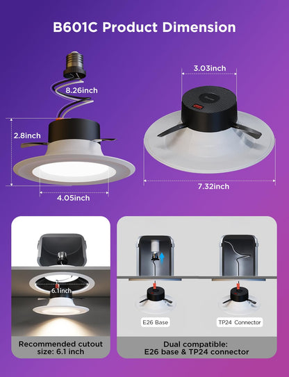 Smart 6-Inch Retrofit Recessed LED Ceiling Lights – RGBWW WiFi/Bluetooth, Alexa & Google Compatible, 1000LM, 6-Pack