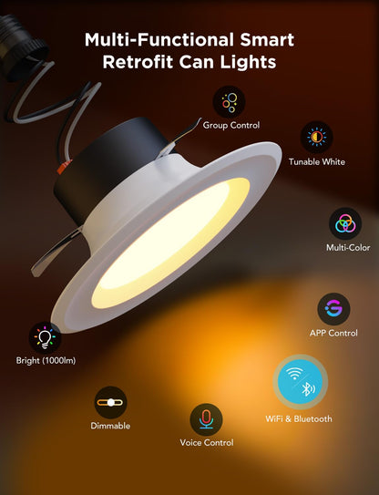 Smart 6-Inch Retrofit Recessed LED Ceiling Lights – RGBWW WiFi/Bluetooth, Alexa & Google Compatible, 1000LM, 6-Pack