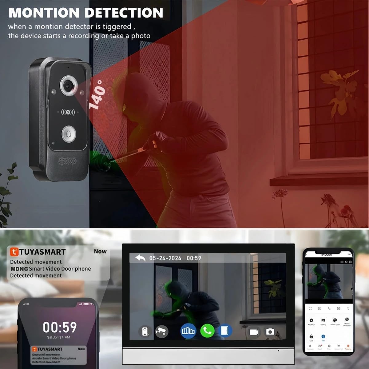 7” WiFi Video Intercom Doorbell System with 1080P Camera – 1 Doorbell + 4 Monitors, Smart App Control
