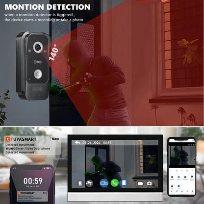 7” WiFi Video Intercom Doorbell System with 1080P Camera – 1 Doorbell + 4 Monitors, Smart App Control