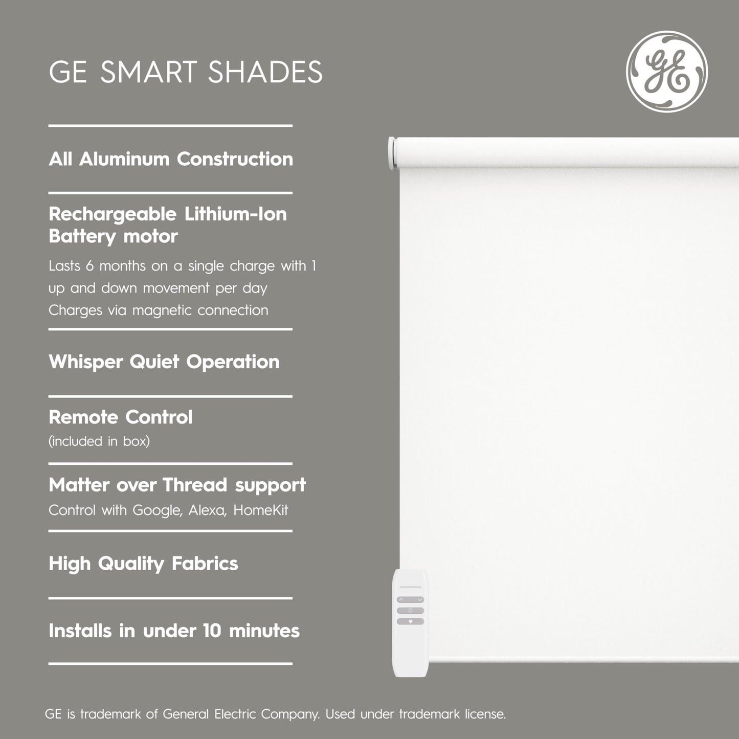 Rechargeable Motorized Roller Shades – Smart Battery-Powered Window Shade with Remote Control, Translucent Grey Fabric