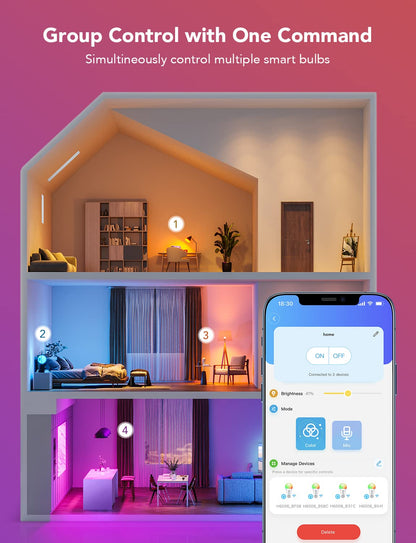 WiFi + Bluetooth Smart RGBWW LED Bulbs – 75W Equivalent, 1000LM Dimmable, Alexa & Google Compatible, 2-Pack