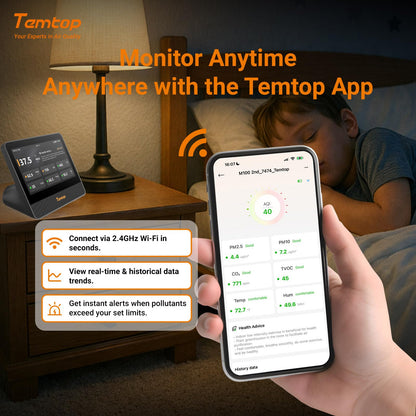 WiFi Air Quality Monitor with CO2, PM2.5, PM10, TVOC, Temperature & Humidity Sensor – Smart Home Air Analyzer with Touchscreen Display & LoRa Support