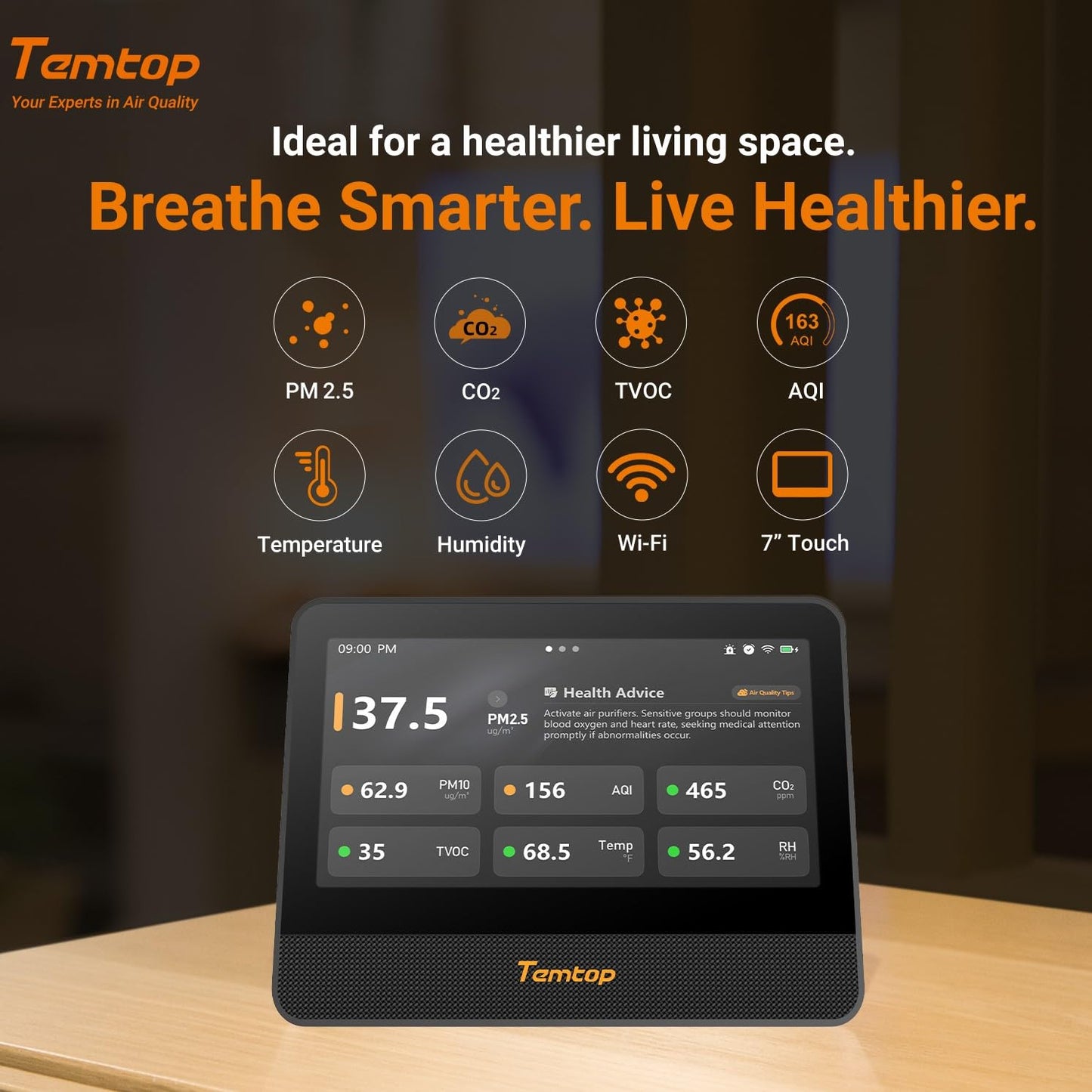 WiFi Air Quality Monitor with CO2, PM2.5, PM10, TVOC, Temperature & Humidity Sensor – Smart Home Air Analyzer with Touchscreen Display & LoRa Support