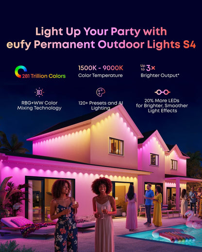 Smart Permanent Outdoor RGBWW LED String Lights – 200ft AI Theme Lighting, Radar-Activated, Matter Compatible, IP67 Waterproof
