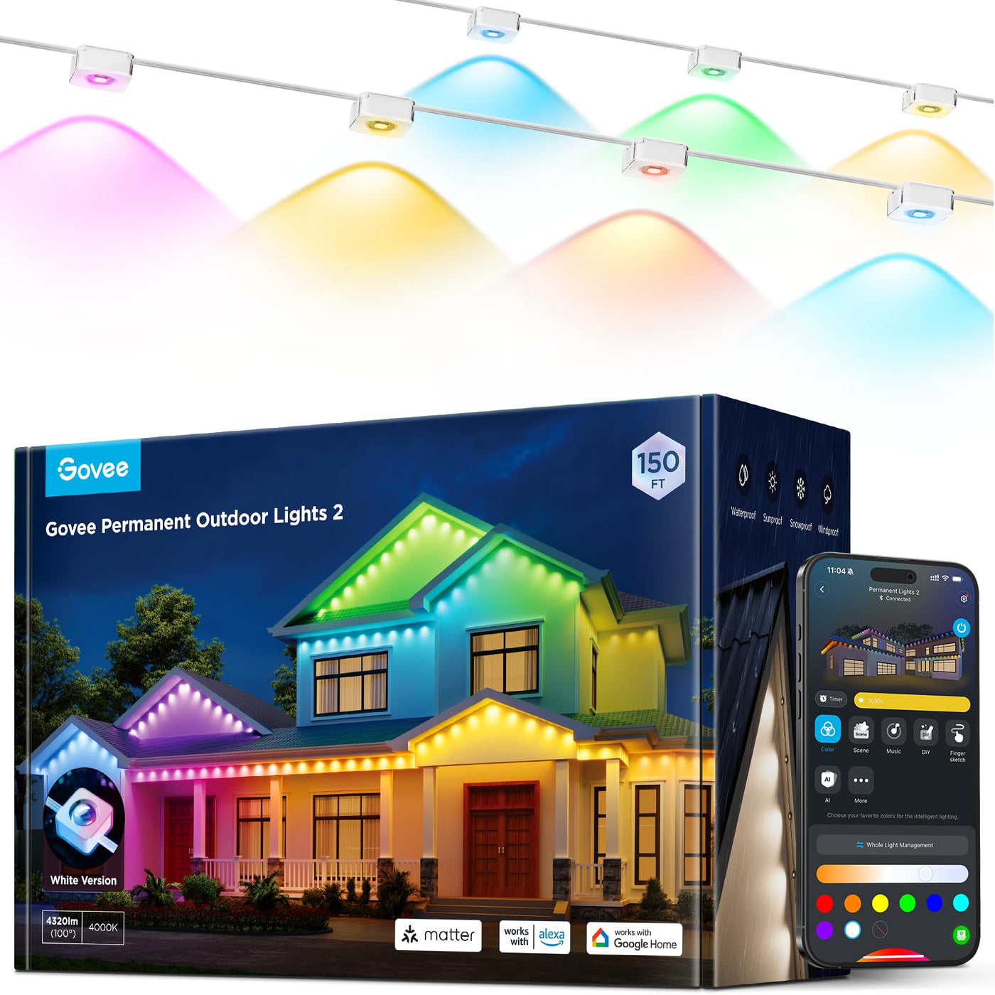 Smart Permanent Outdoor RGBIC LED Lights – 150ft WiFi Outdoor Strip Lighting, 16 Million Colors, Scene Modes, IP67 Waterproof, Alexa & Google Compatible