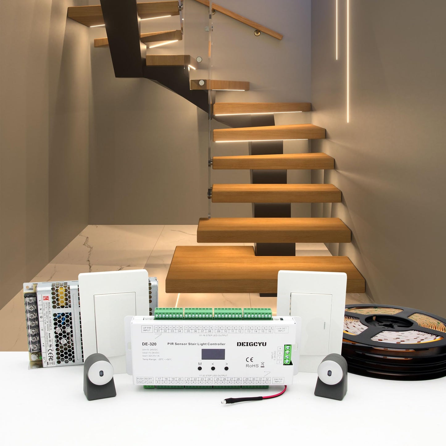 Motion-Activated LED Stair Lighting Kit – Cuttable 18-Step Warm White Strip Light for Indoor Stairs