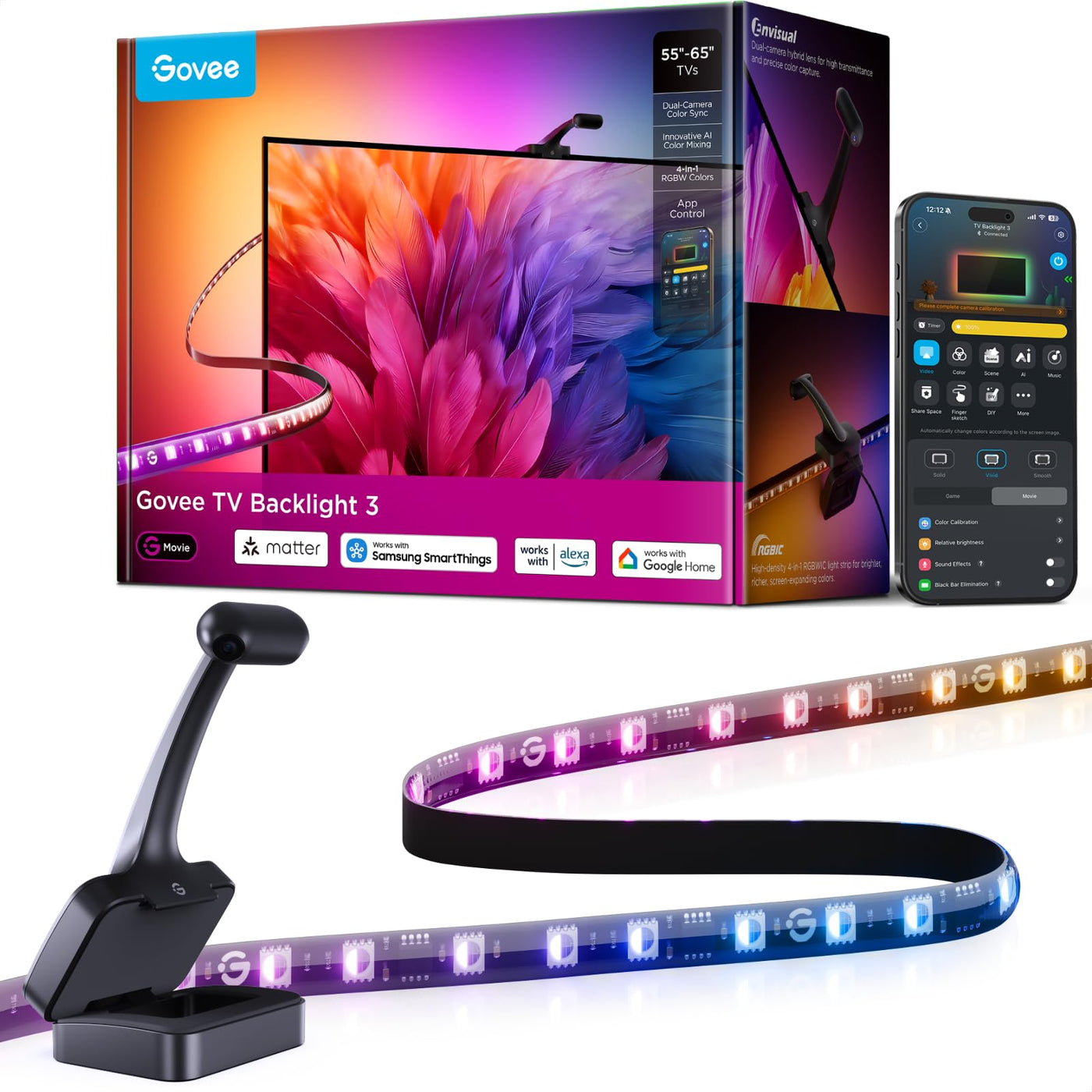 Smart TV Backlight LED Strip Kit – AI Screen Sync RGBIC Lights for 55–65” TVs, Matter & Voice Control Compatible