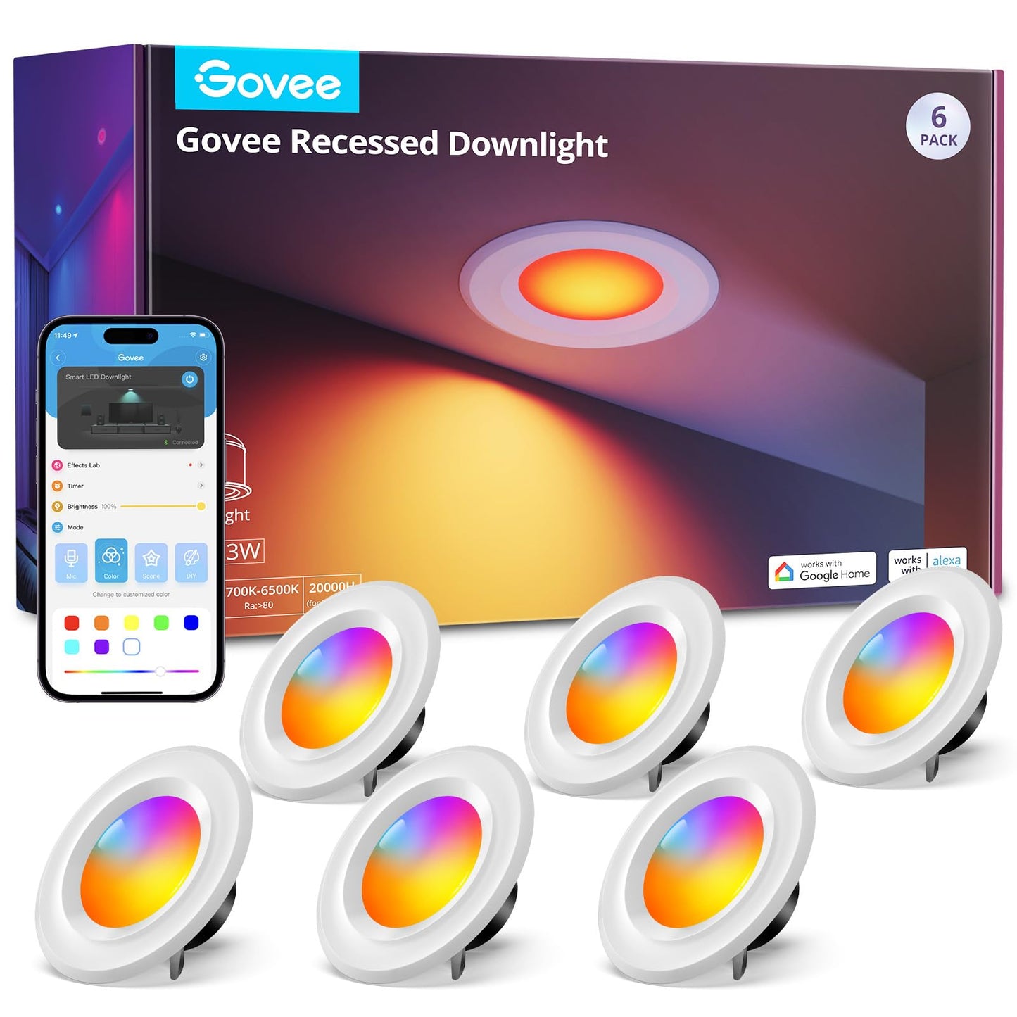 Smart 6-Inch Retrofit Recessed LED Ceiling Lights – RGBWW WiFi/Bluetooth, Alexa & Google Compatible, 1000LM, 6-Pack