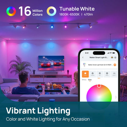Matter GU10 Smart LED Light Bulbs – Color Changing, 40W Equivalent, 470LM, Alexa/Google/Apple Home Compatible, 4-Pack