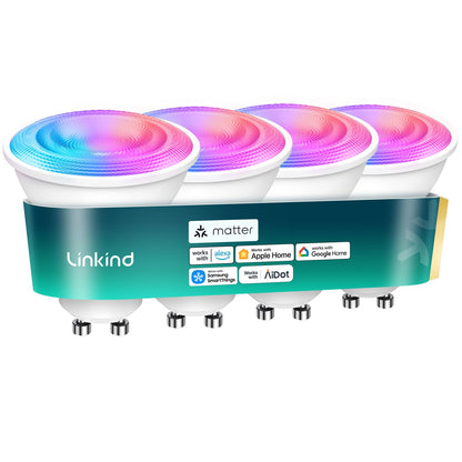 Matter GU10 Smart LED Light Bulbs – Color Changing, 40W Equivalent, 470LM, Alexa/Google/Apple Home Compatible, 4-Pack