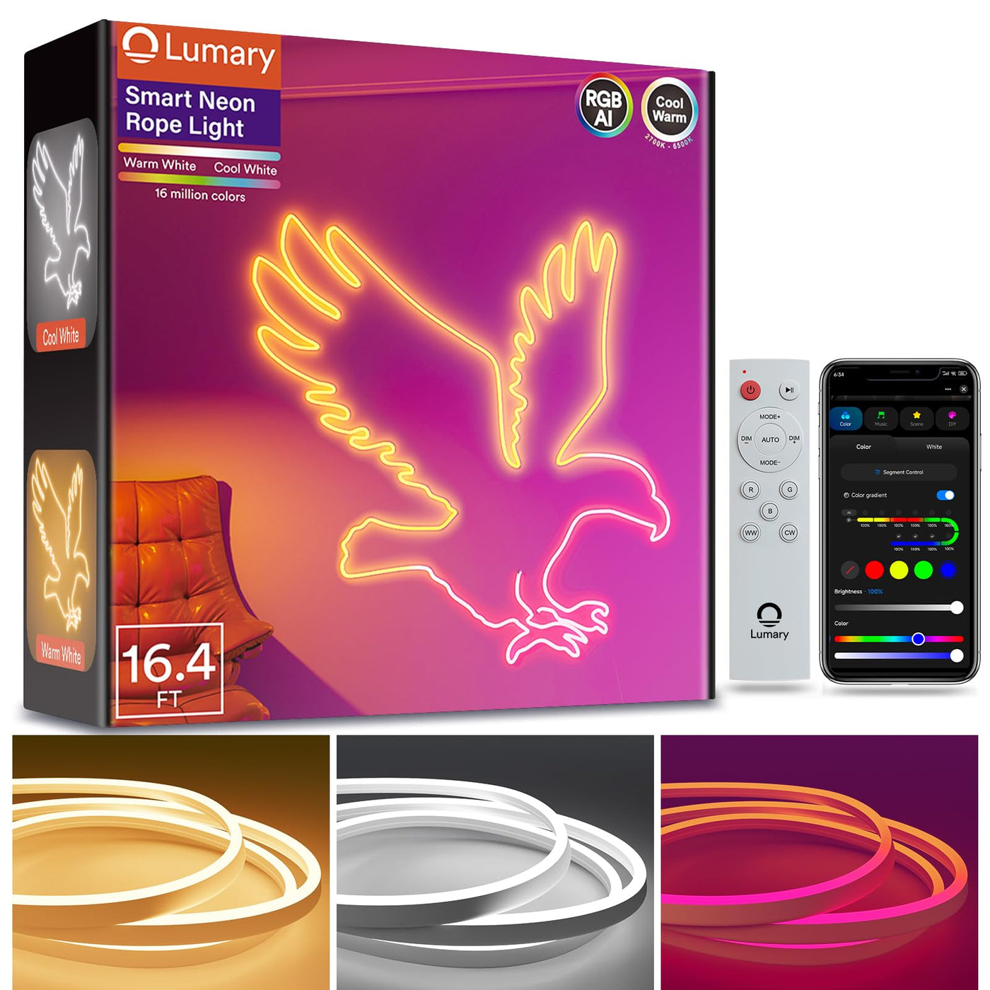 Smart RGBICW Neon Rope Light – 16.4ft WiFi LED Strip, Alexa & Google Compatible, Indoor Ambient Lighting