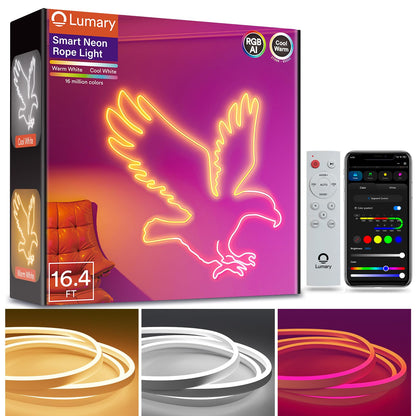 Smart RGBICW Neon Rope Light – 16.4ft WiFi LED Strip, Alexa & Google Compatible, Indoor Ambient Lighting
