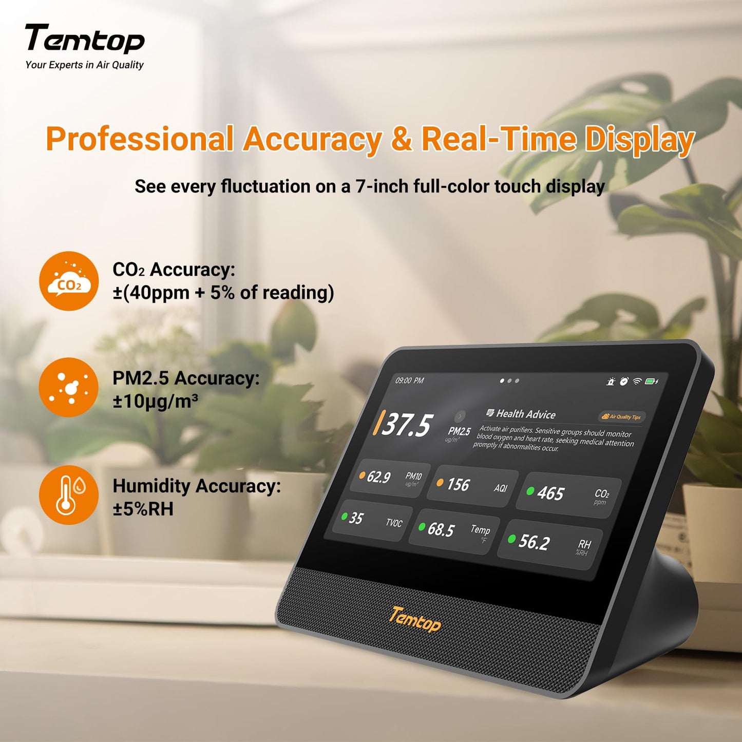 WiFi Air Quality Monitor with CO2, PM2.5, PM10, TVOC, Temperature & Humidity Sensor – Smart Home Air Analyzer with Touchscreen Display & LoRa Support