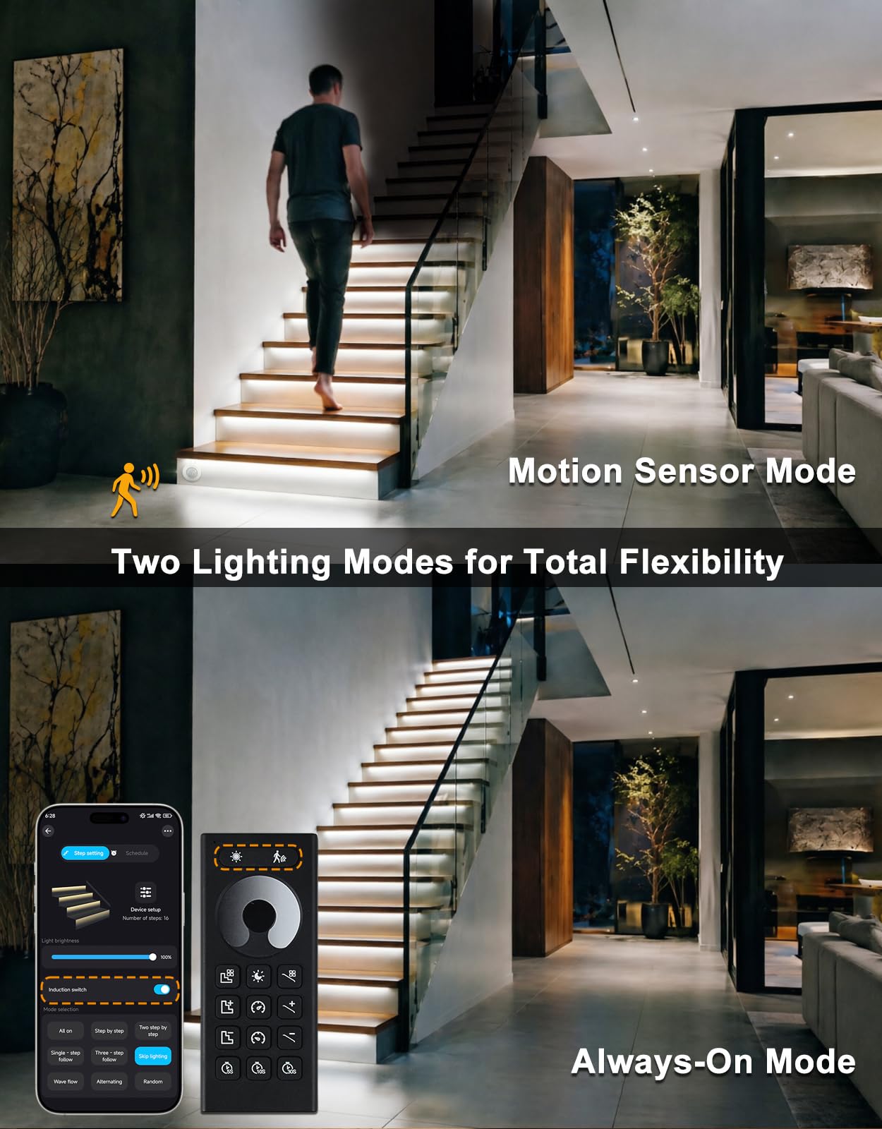 Motion Sensor LED Stair Lighting Kit – 16-Step Indoor Smart Strip Lights