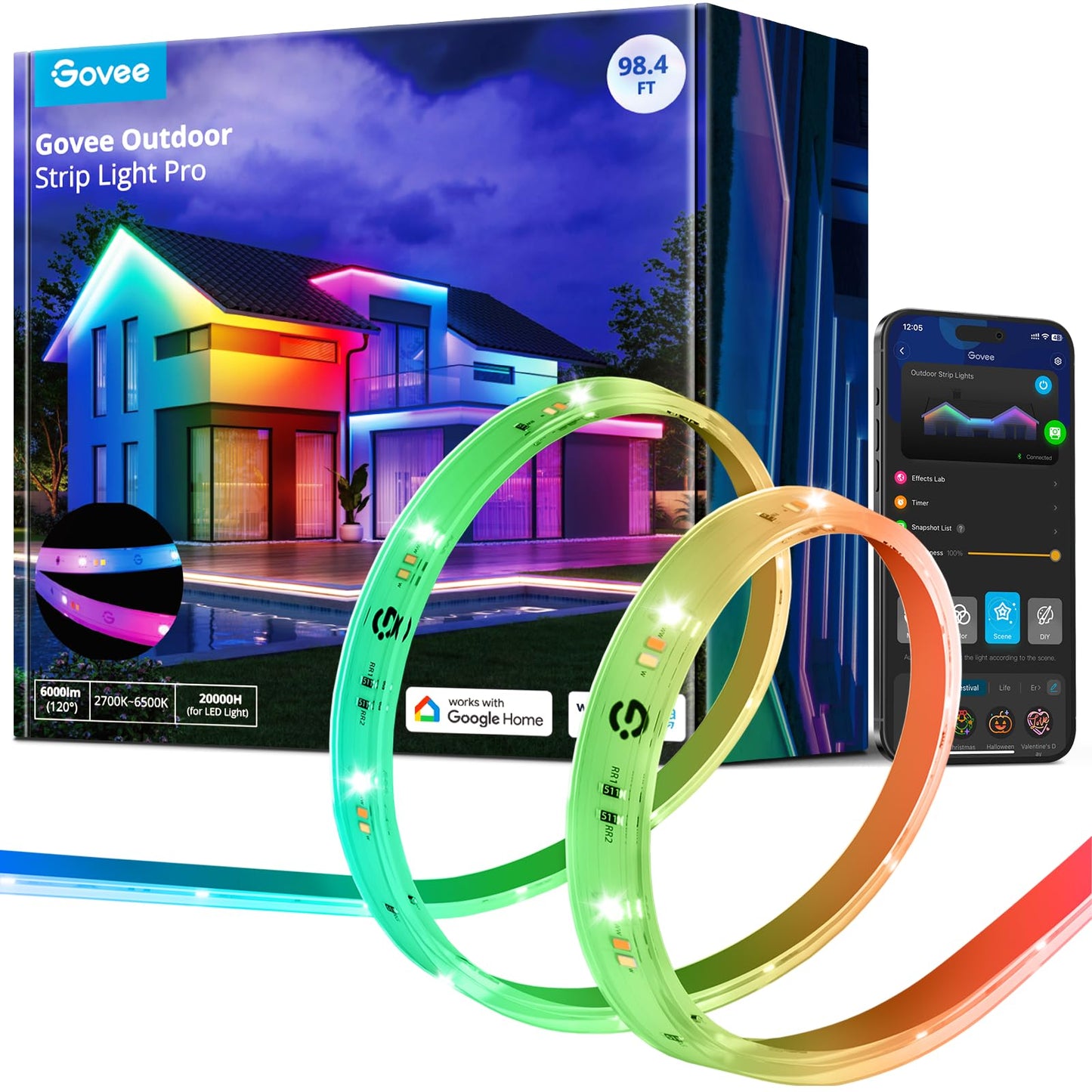 Smart Outdoor RGBIC LED Strip Lights – 98.4ft WiFi Waterproof Lighting, Alexa/Google Compatible, Warm & Cool White