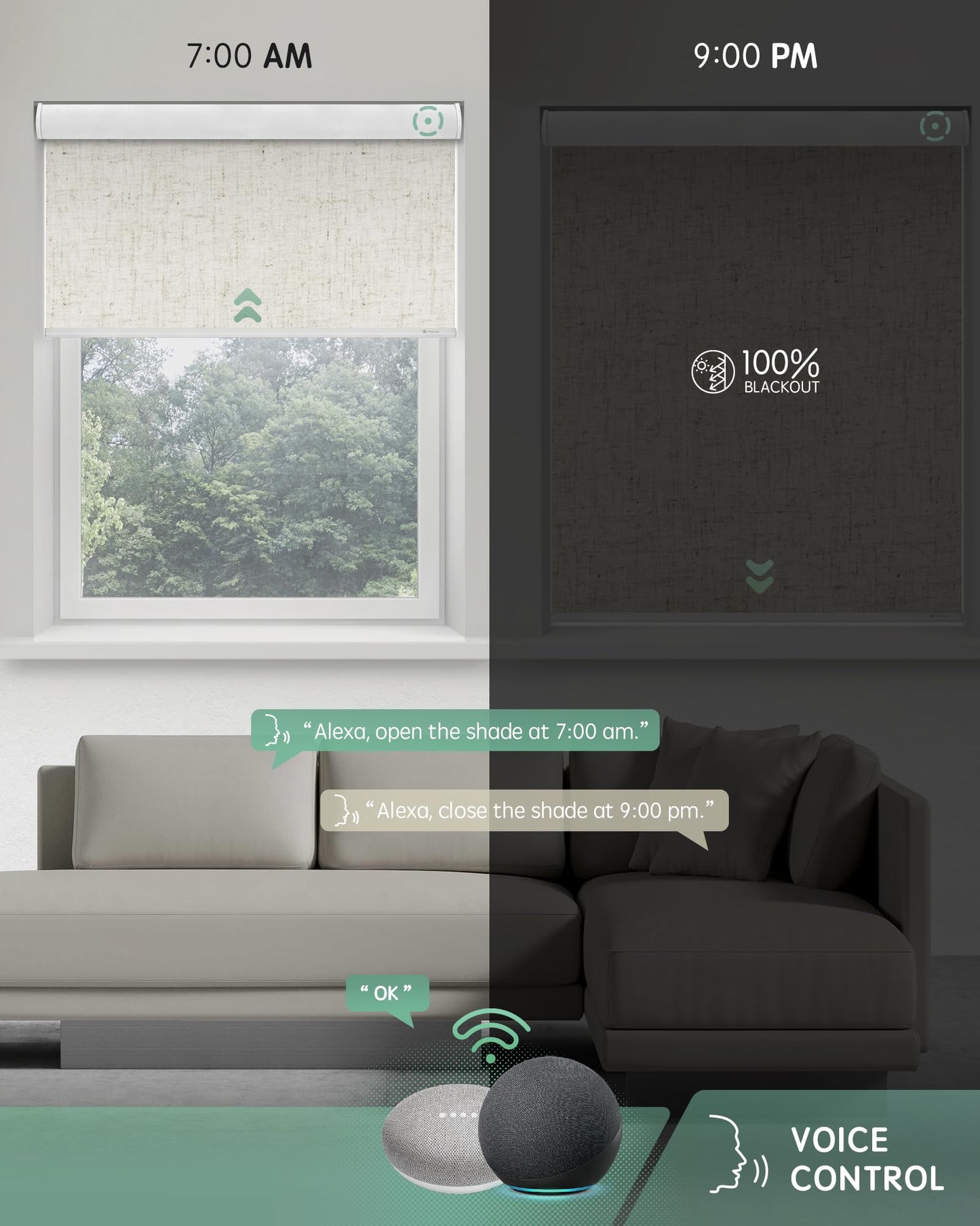 Motorized Blackout Smart Roller Blinds – Alexa Voice Control Automatic Window Shades with Remote, Bedroom & Office Privacy Shades (Linen Beige)