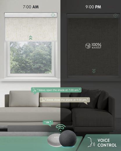 Motorized Blackout Smart Roller Blinds – Alexa Voice Control Automatic Window Shades with Remote, Bedroom & Office Privacy Shades (Linen Beige)