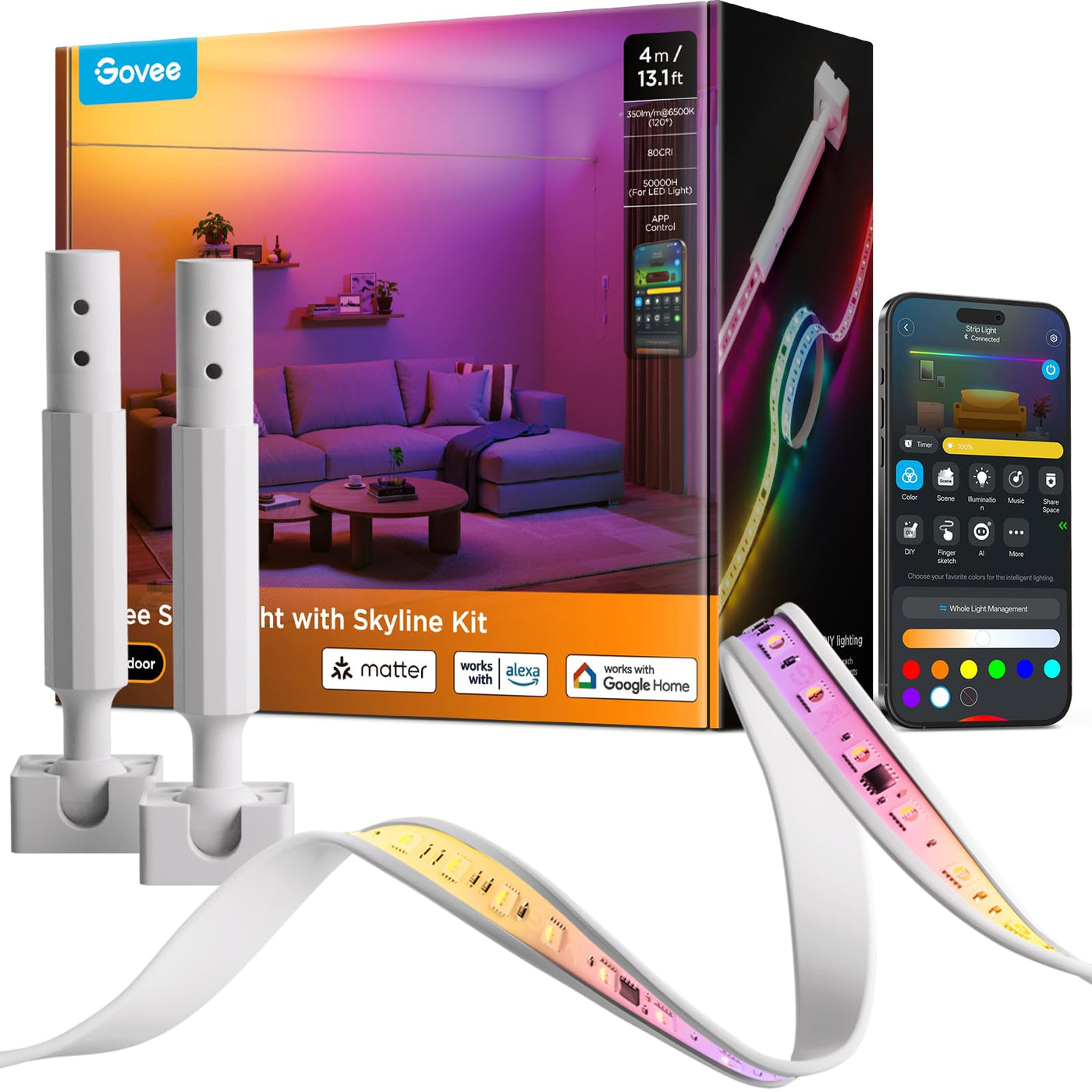 Smart RGBIC LED Strip Light – 13.1ft WiFi Matter Compatible, Alexa & Google Control, Multi-Color Ambient Lighting Kit