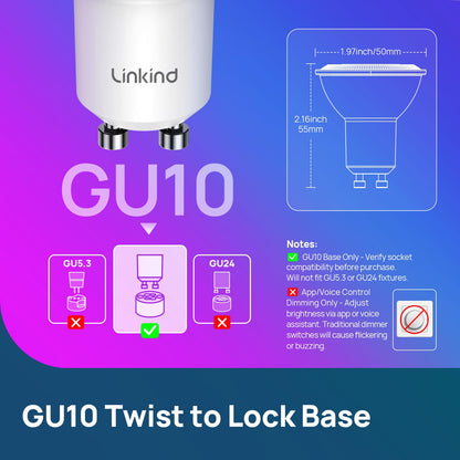 Matter GU10 Smart LED Light Bulbs – Color Changing, 40W Equivalent, 470LM, Alexa/Google/Apple Home Compatible, 4-Pack