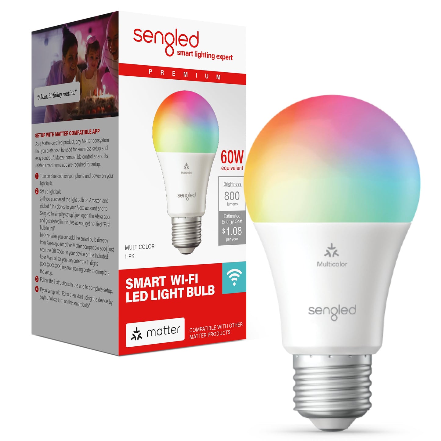 Matter Smart Multicolor LED Light Bulb (A19) – 60W Equivalent, Alexa Compatible, 800LM