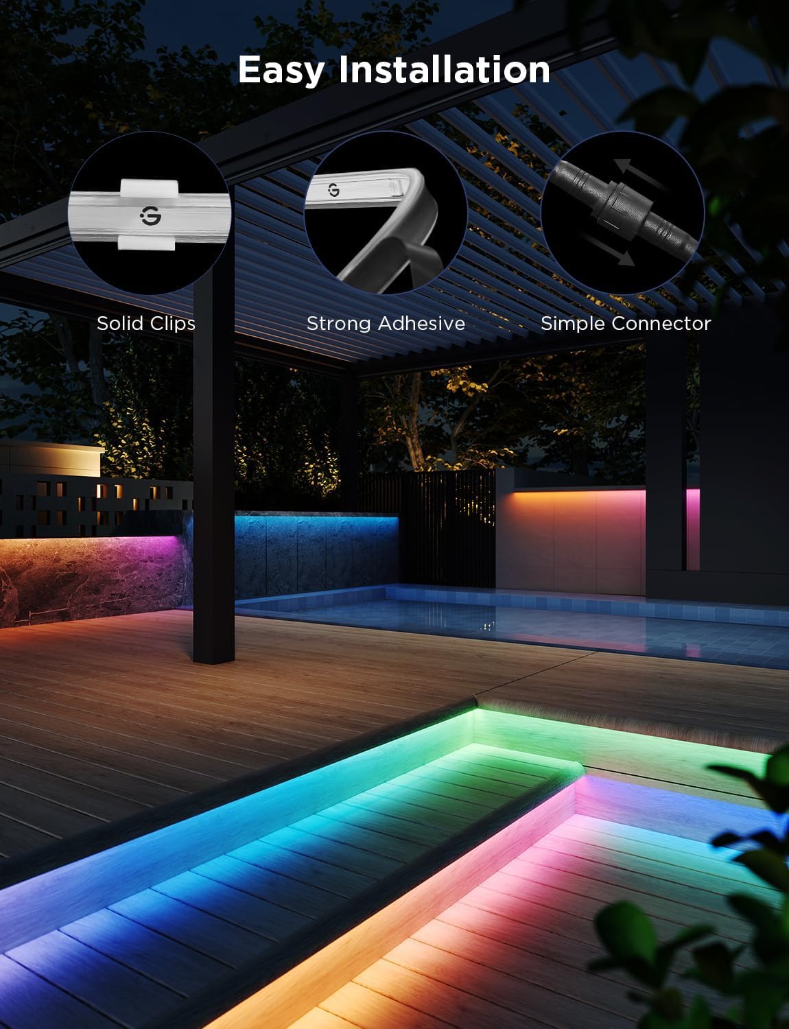 Smart Outdoor RGBIC LED Strip Lights – 98.4ft WiFi Waterproof Lighting, Alexa/Google Compatible, Warm & Cool White