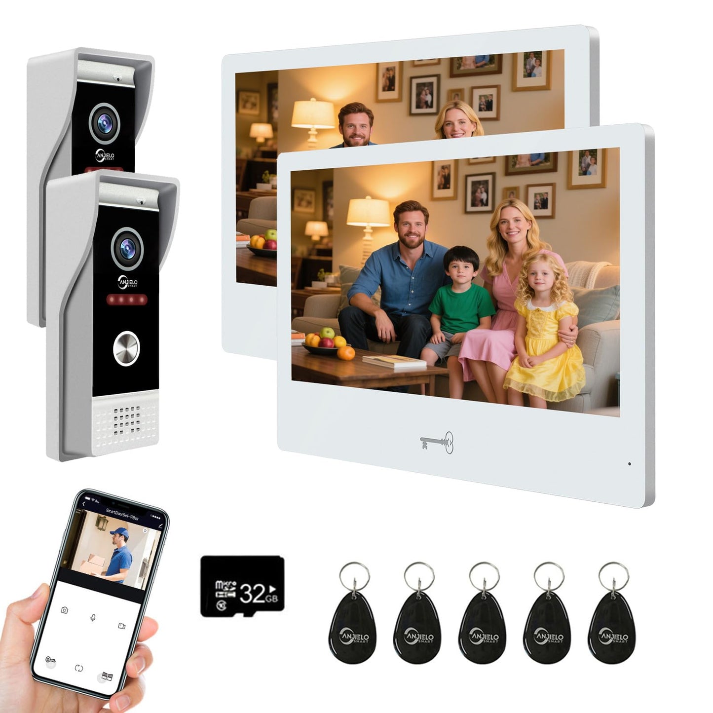 WiFi Video Intercom Doorbell System with 10” Touch Monitor & RFID Unlock – Dual Doorbell & Monitor Kit
