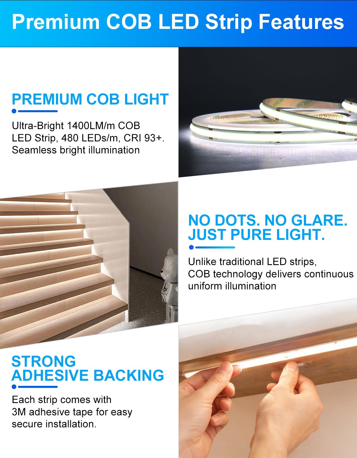 Motion Sensor LED Stair Lighting Kit – 16-Step Indoor Smart Strip Lights
