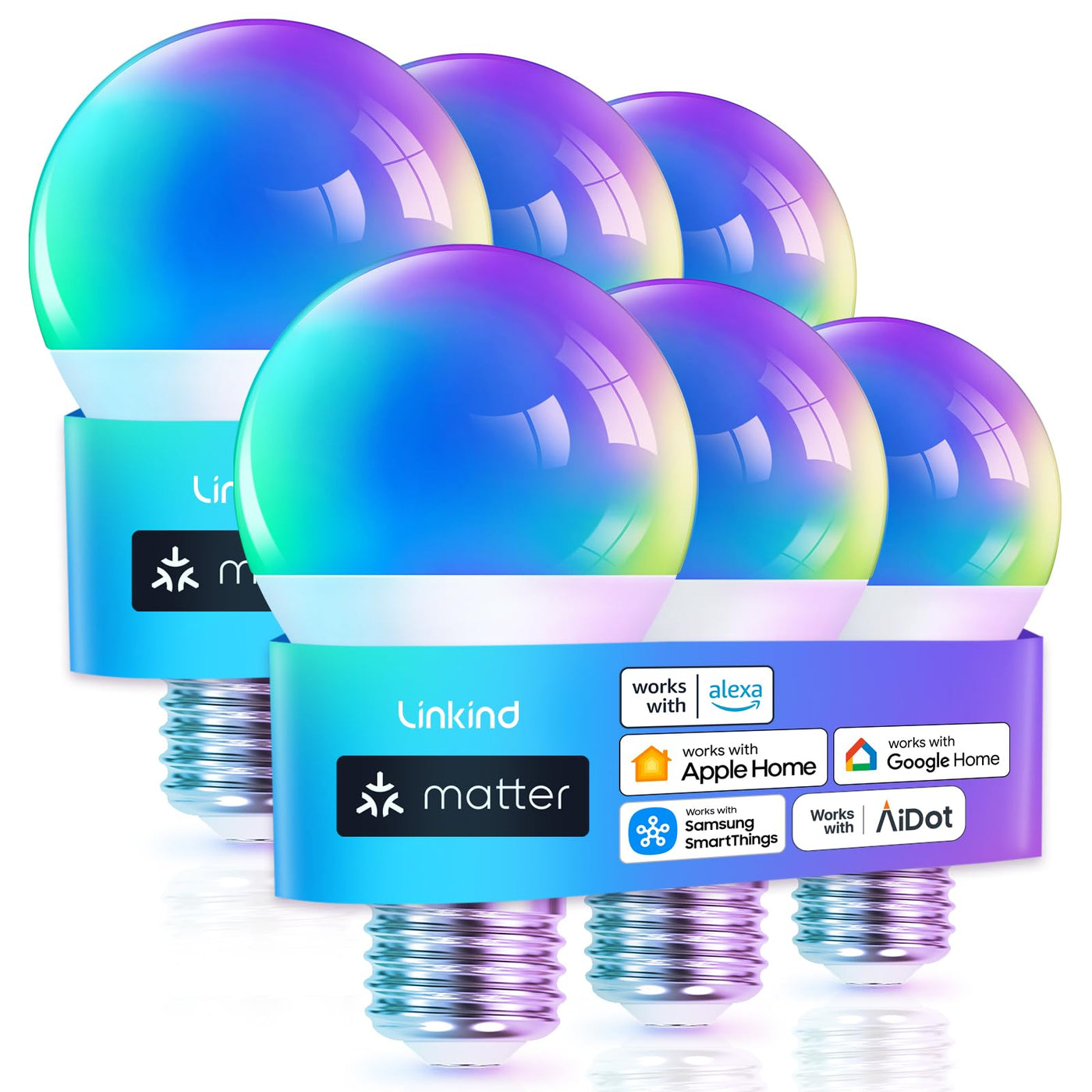 Matter Smart WiFi LED Bulbs A19 – 60W Equivalent, Color Changing RGBTW, Apple Home/Siri/Alexa Compatible, 6-Pack