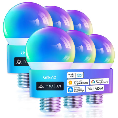 Matter Smart WiFi LED Bulbs A19 – 60W Equivalent, Color Changing RGBTW, Apple Home/Siri/Alexa Compatible, 6-Pack