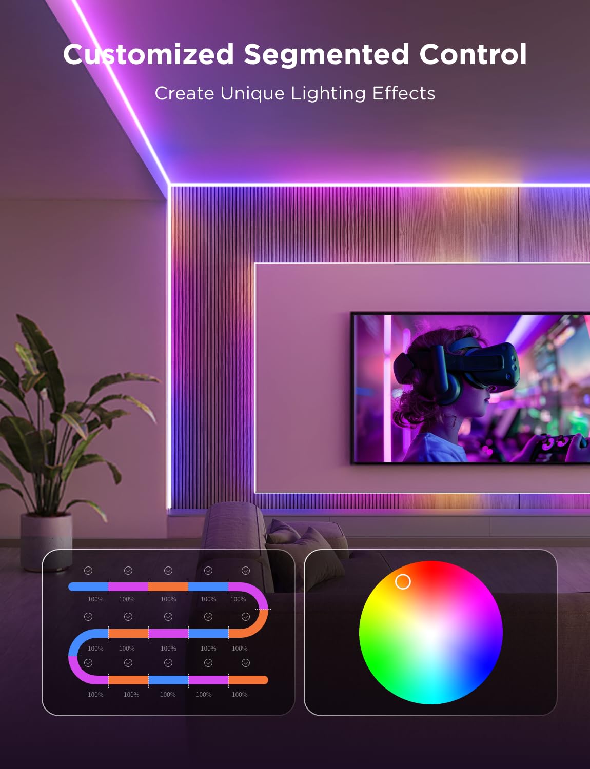 Smart COB RGBICW LED Strip Light – 16.4ft, Alexa/Google/Matter Compatible, Color Changing Ambient Lighting