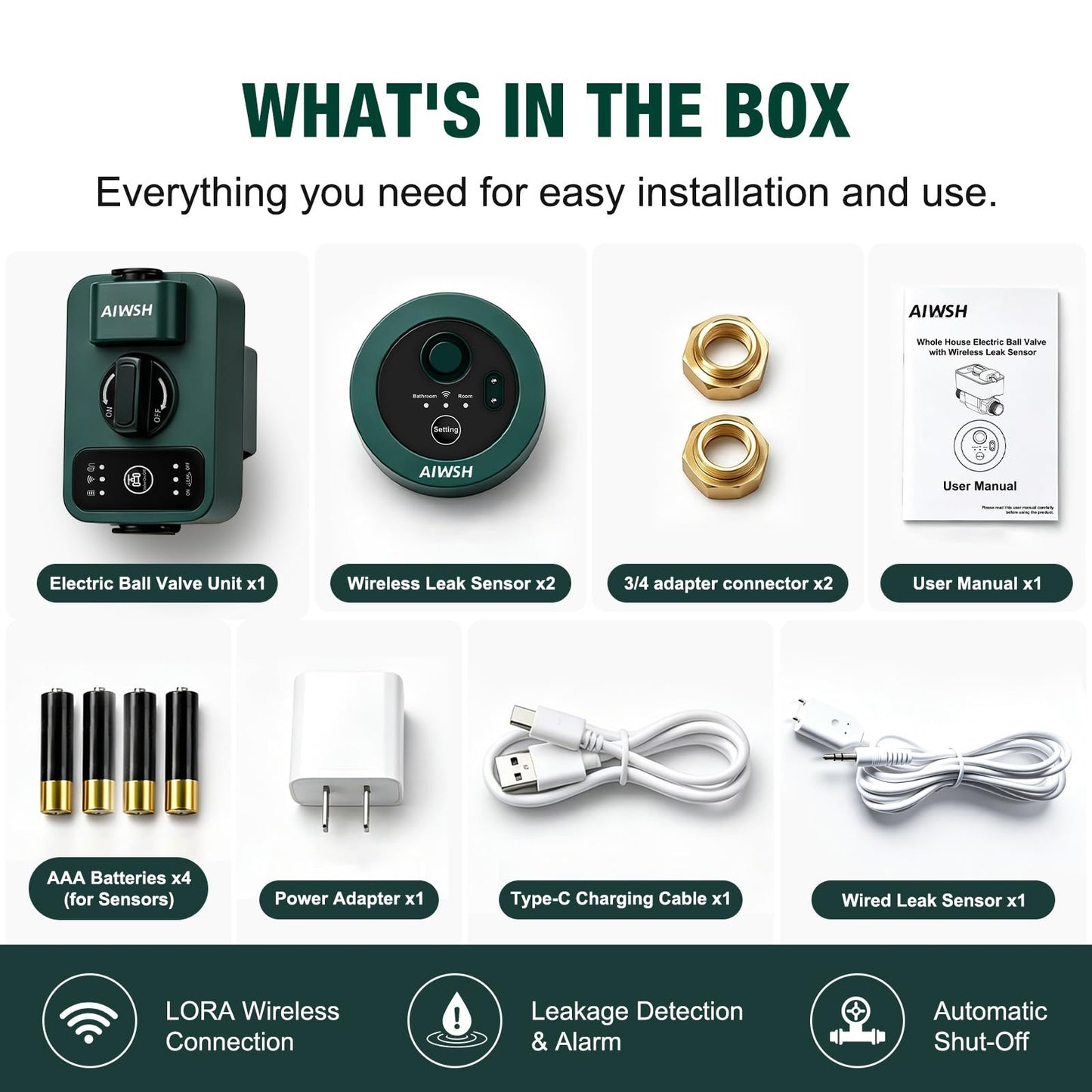 Smart Water Leak Detection & Automatic Shut-Off Valve System – Whole-Home Protection with Real-Time Leak Monitoring, LoRa Long-Range Coverage, Fits 3/4" & 1" Pipes