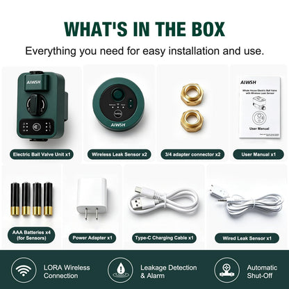 Smart Water Leak Detection & Automatic Shut-Off Valve System – Whole-Home Protection with Real-Time Leak Monitoring, LoRa Long-Range Coverage, Fits 3/4" & 1" Pipes