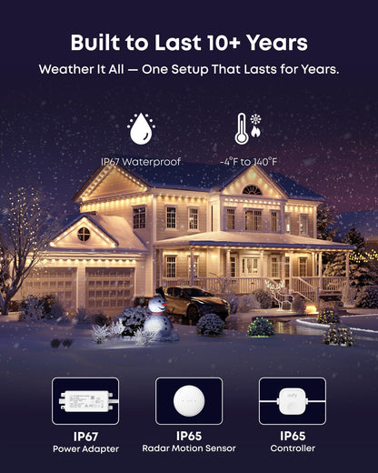 Smart Permanent Outdoor RGBWW LED String Lights – 200ft AI Theme Lighting, Radar-Activated, Matter Compatible, IP67 Waterproof