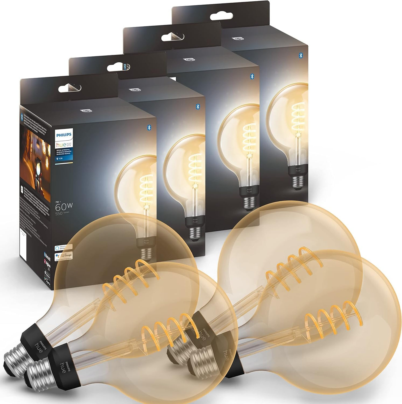 Smart Filament LED Bulb G40 – Warm to Cool White, 60W Equivalent, E26, App & Voice Control, 4-Pack