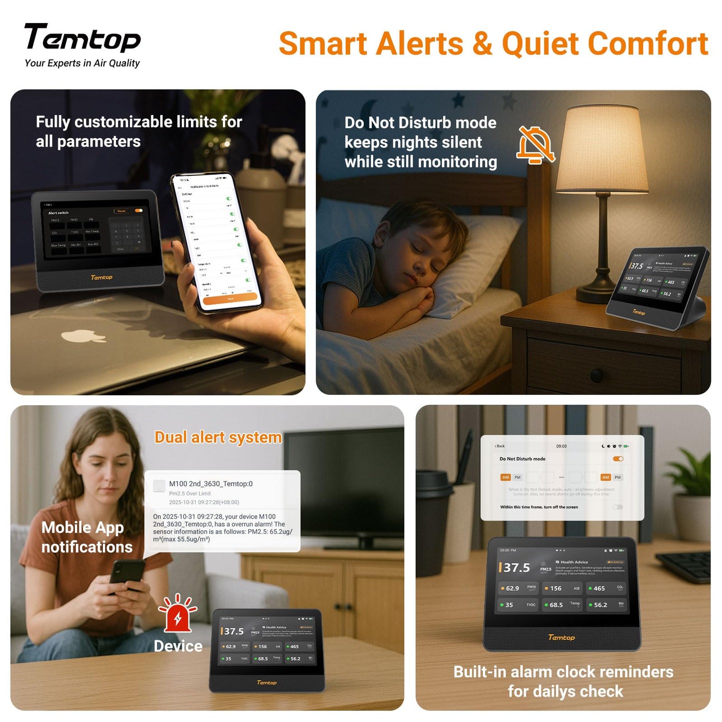 WiFi Air Quality Monitor with CO2, PM2.5, PM10, TVOC, Temperature & Humidity Sensor – Smart Home Air Analyzer with Touchscreen Display & LoRa Support