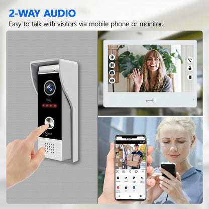 WiFi Video Intercom Doorbell System with 10” Touch Monitor & RFID Unlock – Dual Doorbell & Monitor Kit