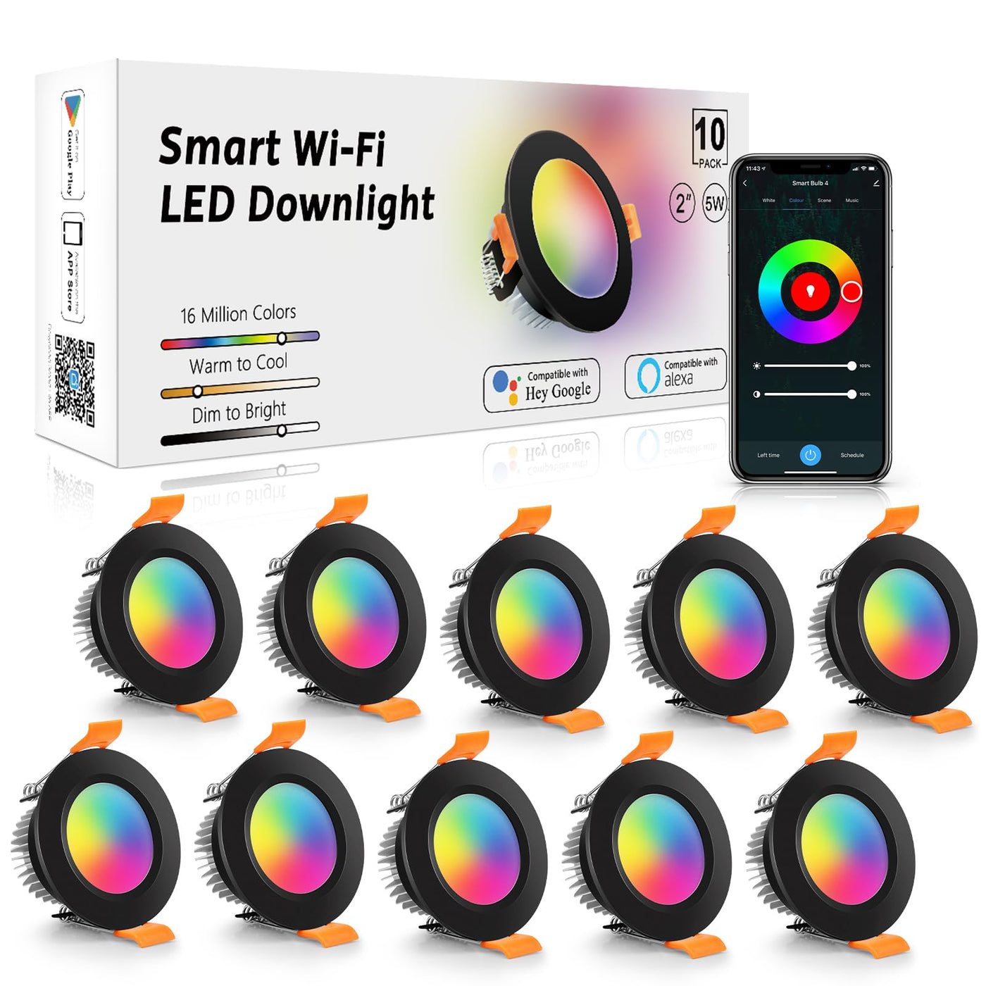 Smart WiFi Recessed LED Downlights – 2 Inch Dimmable RGB & Tunable White Ceiling Lights, Alexa & Google Compatible, 10-Pack